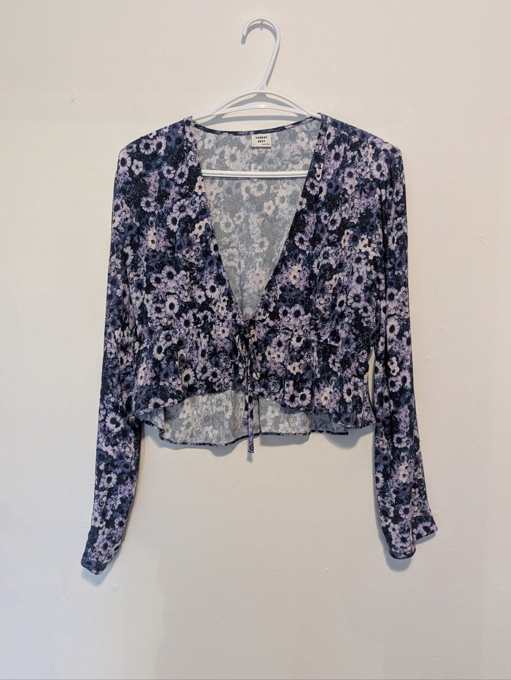 Aritzia Sunday Best Mauve Floral Tie Front Crop Blouse Lilac Peplum Top y2k S